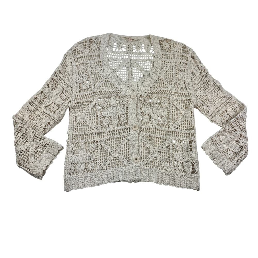 Solitaire Boho Hippie Open Knit Crochet Cotton Cardigan Women's Size Medium